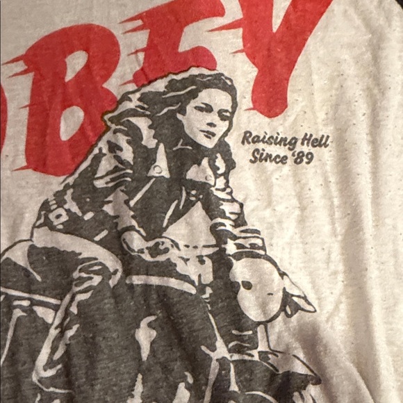 Obey Black and White Raglan Tee with Red Graphic - Picture 3 of 3